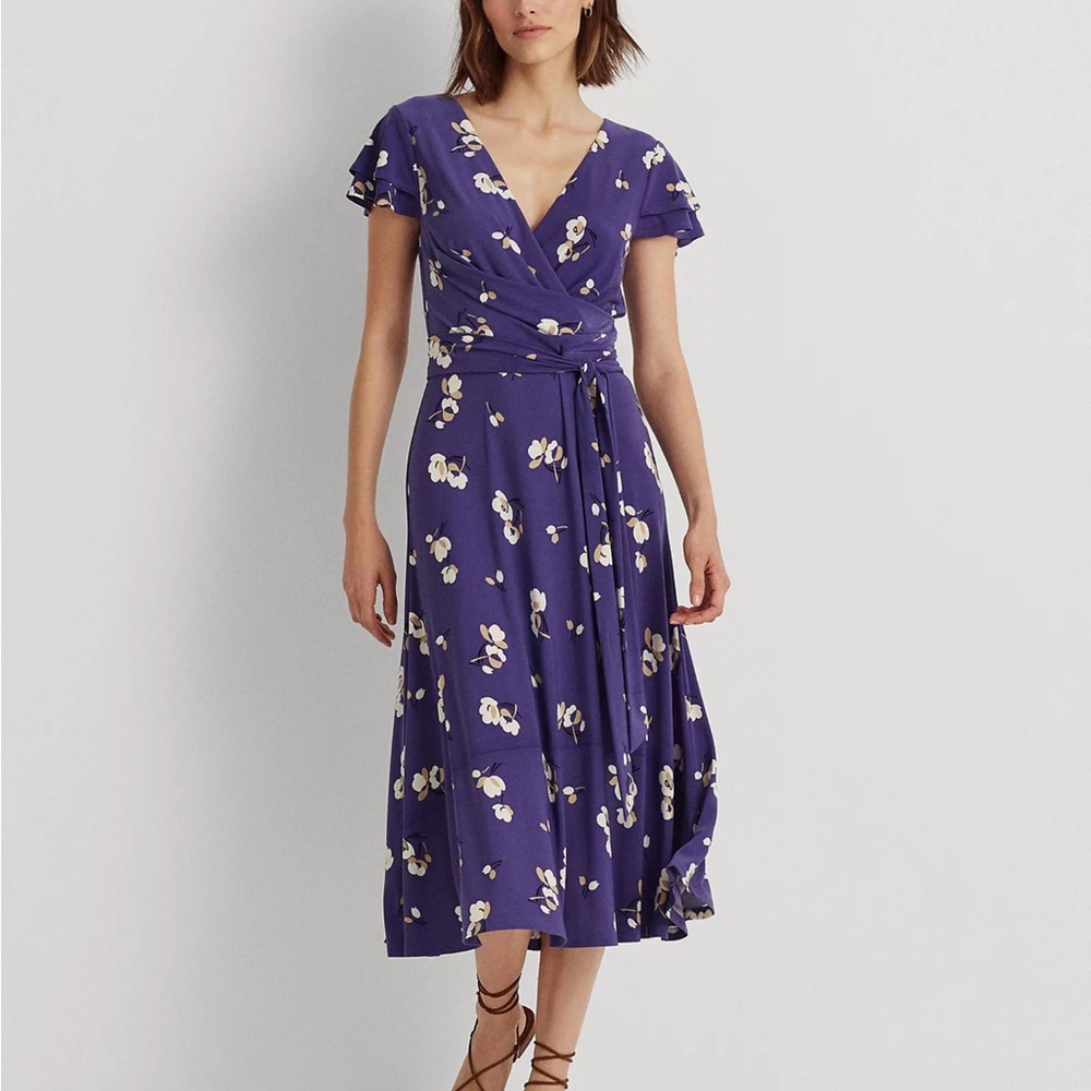 Ralph Lauren Purple Floral Flutter Sleeve Jersey Midi Dress Size 8